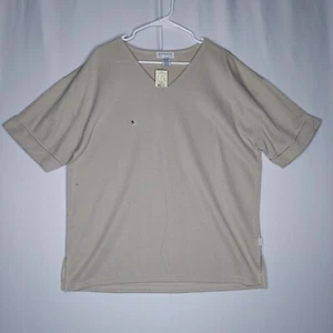 Express Tricot T-shirt Womens Small Rib Knit V-neck Short Cuff Sleeve Beige 90s - Picture 1 of 7