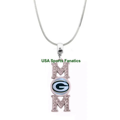 Green Bay Packers MOM Necklace With Rhinestones On A 925 SS Snake Chain 5 Sizes Cover