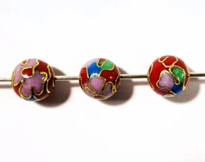 10 Vergoldete Kupfer Emaille Bunt Rot Cloisonné 8 mm Runde Perlen - Bild 1 von 4