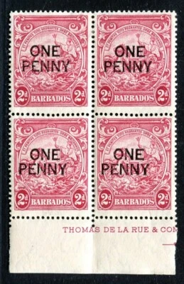 Barbados 1947 Un Penny Recargo Roto Variedad E MH/MNH XF Bloque SG#264d A1928 Foto 1 de 4