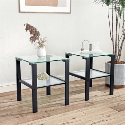 Set of 2 Modern Tempered Glass 2 Layer Tea Table Coffee Table & Square End Table - Image 1 of 4