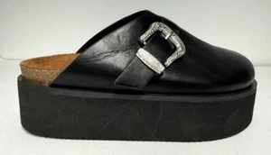 BLACK FAUX LEATHER UPPER WITH CORK FOOTBED SLIP ON FLATFORM COWBOY BUCKLE - Picture 1 of 4
