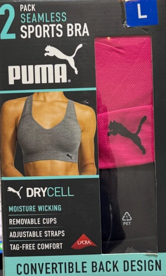 PUMA Ladies Performance Seamless Sports Bra 2 Pack Size L - Red/Black ()