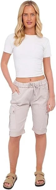 Womens Italian Plain Magic Cargo Shorts Stretchy Magic Comfy Lagenlook Hot Pants - Image 1 of 1
