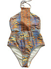 OndadeMar Sea Wave Womens Medium Ethnic Printed Swimsuit Blue Orange Halter Neck