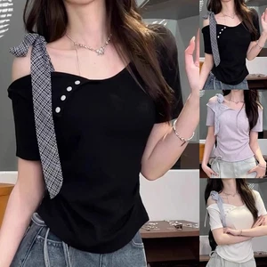 T-shirt femme mode nœud papillon épaules dénudées pour vêtements quotidiens - Picture 1 of 36