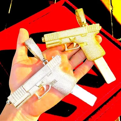 Colgante Iced Out Big Glock para hombre 5A circonita cúbica chapado en oro collar brillante oro 24" Foto 1 de 2