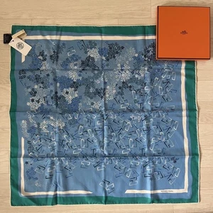 HERMES Carre 65 Jardin de Calypso Blue Silk Cotton Scarf with Box Tag - Picture 1 of 10