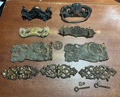 Lot of 9 Mixed Ornate  Vintage Pressed Metal Drawer Backplates one with Pull - Image 1 of 4
