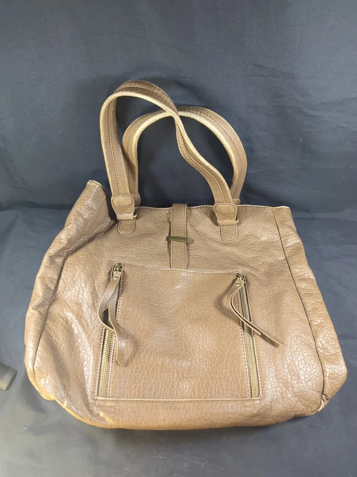 Mossimo Brown Faux Leather Snap Tote Bag Short Handles Classic Utility 5 Pocket - Image 1 of 4