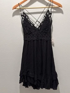 Free People NWT Dress WomensBlack Adella Slip Sleeveless Lace Ruffle Boho Small - Picture 1 of 8