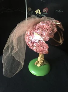 Vintage 1950’s Iridescent Pink Blush Sequin Bandeau Hat W Veil Wedding/ Bridal - Picture 1 of 9