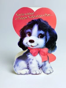 Cute Puppy Vintage Valentine Card - Used 1980s Heart Black & White Dog Die-cut* - Picture 1 of 5