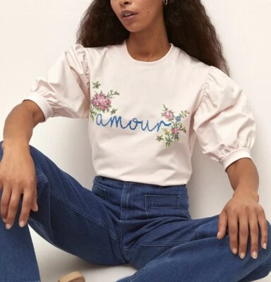 BNWT Pale Pink OASIS Amour Embroidered Jersey Puff Sleeve Sweatshirt XL 16/18 - Image 1 of 4