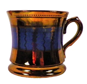 Antique Copper Luster Mug Blue Band Zig Zag Scallops As Is - Picture 1 of 7
