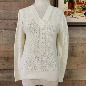 Vintage 1970s Boho Romantic Ribbed Sweater Size Small Pointelle Knit - Picture 1 of 6