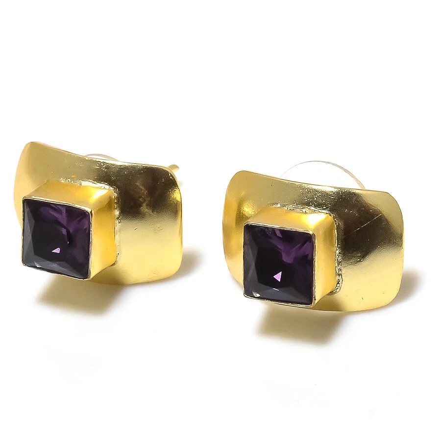 Amethyst Gemstone Gold Plated Stud Earrings Jewelry - Image 1 of 1