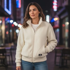 Adidas Holidayz Sherpa Jacke Oversized Reißverschluss mit Taschen Elfenbein Neu mit Etikett Größe 1X - Bild 1 von 16