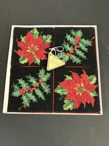 Vintage Christmas Needlepoint Coasters Poinsettias Holly Red Black Set of 4 - Picture 1 of 8