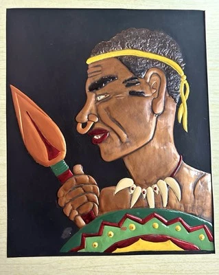 Vintage African Warrior Wall Art Painting On Copper Wooden Frame 3d Picture 21” - Image 1 of 4