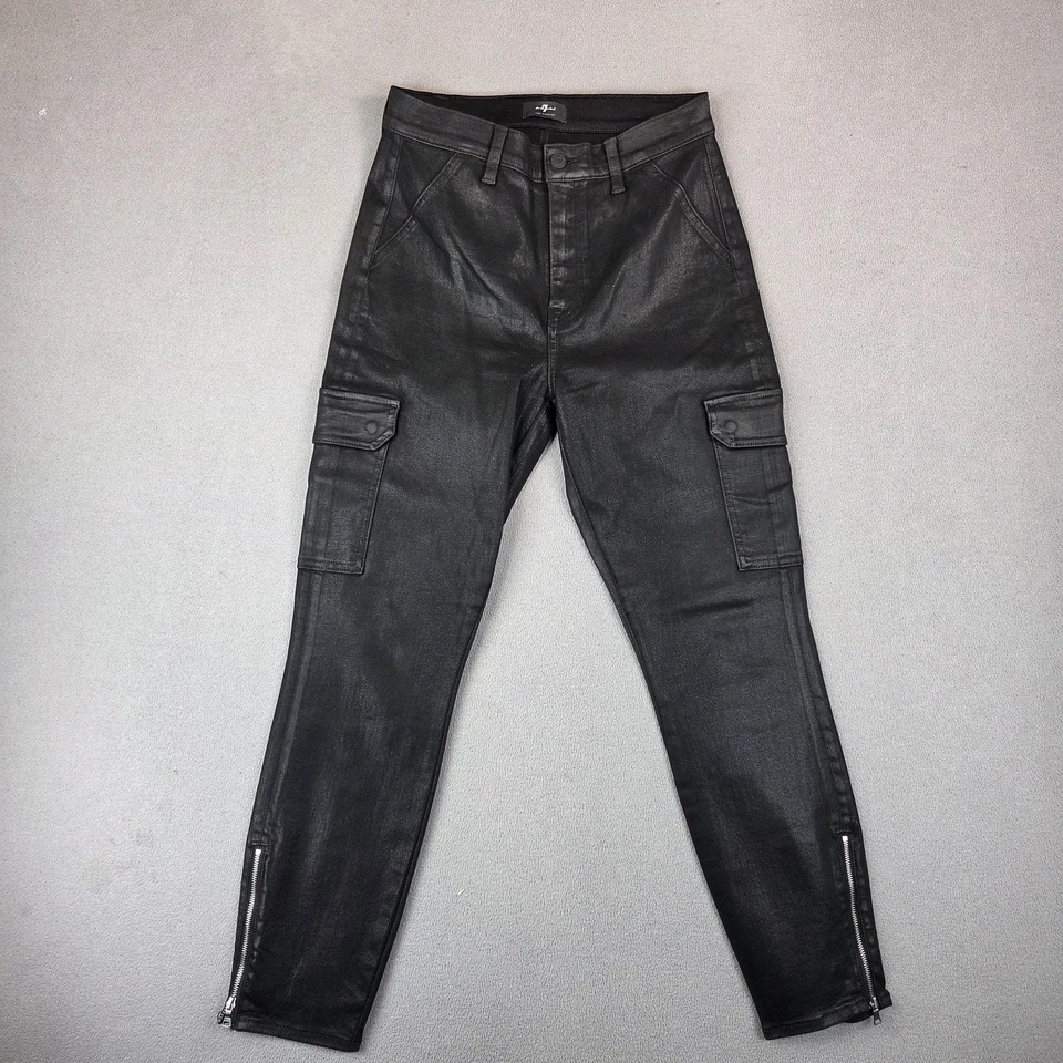 7 For All Mankind Pants Womens 26x29 Black Coated Cargo Skinny High Ankle Zip - Image 1 of 4