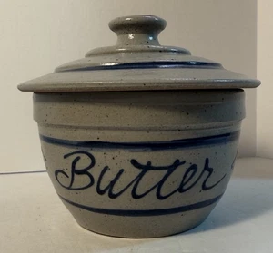Handgefertigter Rowe Keramik Buttertopf Deckel grau blau Country primitiv - Bild 1 von 9