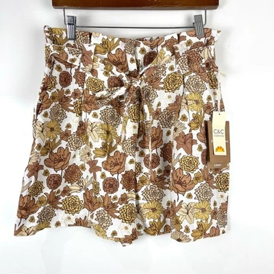 NEW C&C California Linen Paperbag High Waist Shorts Brown Floral Women's Size 6 - Image 1 of 4