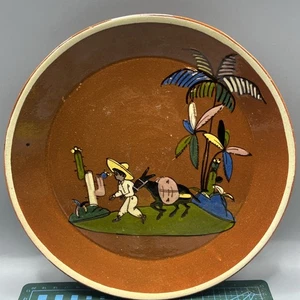 VINTAGE  MEXICO TLAQUEPAQUE HAND PAINTED FOLK ART POTTERY PLATE Donkey Man 9" - Picture 1 of 16