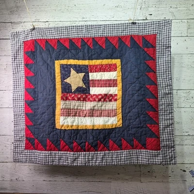 Vintage Patchwork Hand Made Quilt Red White Blue Flag Pillow Sham 30 X 25 Sham - Image 1 of 4