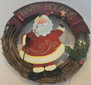 Happy Holidays Santa Wreath-Metal and Wood-Multi Color-13 inch Diameter - Picture 1 of 11