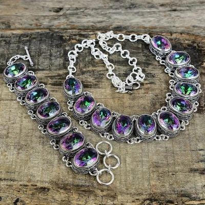 Topazio Mistico Gemma 925 Argento Sterling Mano Gioielli Collana Bracciale Set - Immagine 1 di 4
