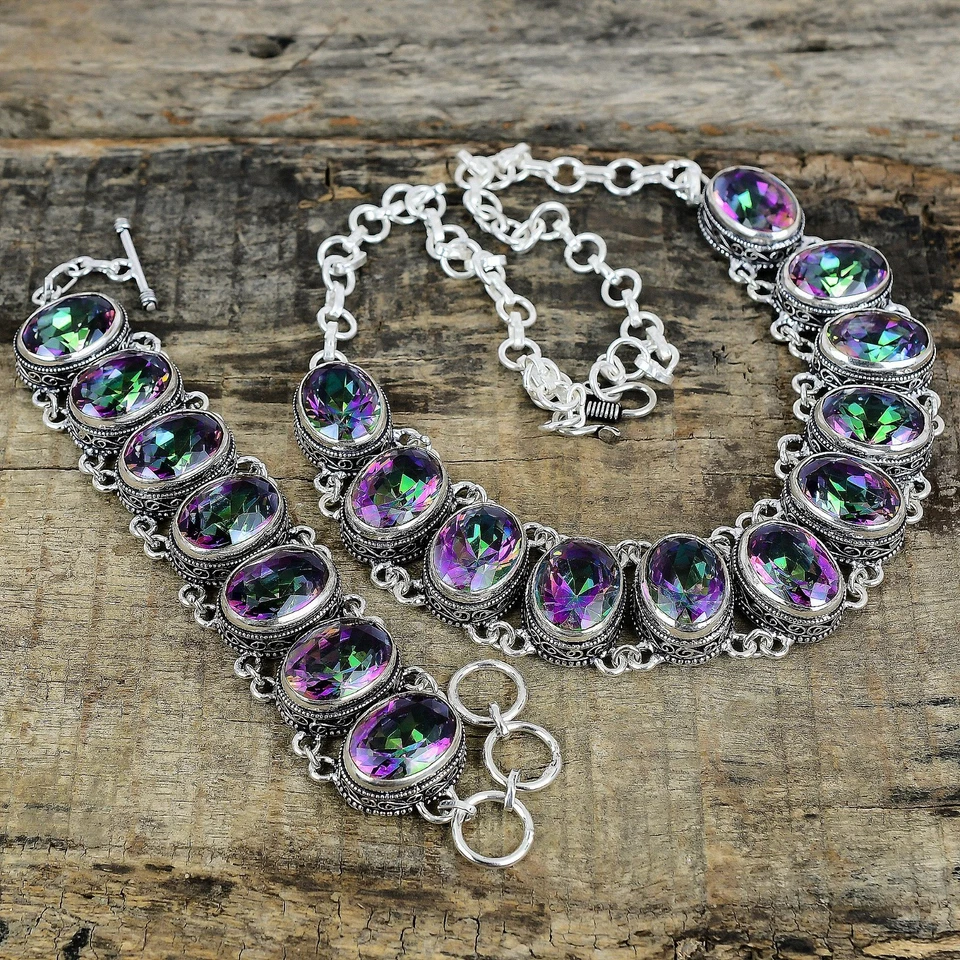 Topazio Mistico Gemma 925 Argento Sterling Mano Gioielli Collana Bracciale Set - Immagine 1 di 4