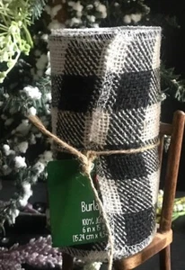 BLACK & WHITE BUFFALO CHECK PLAID JUTE BURLAP WIDE TRIM RIBBON ROLL- 6" x 15 FT - Picture 1 of 11