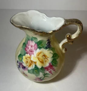 Vintage yellow handpainted floral Lefton pitcher , original sticker 5" - Picture 1 of 7
