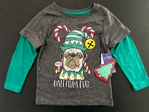 Hollywood The Jean People Boys Size 4 Long Sleeve 'Bah Hum Pug' Christmas Tee - Picture 1 of 5