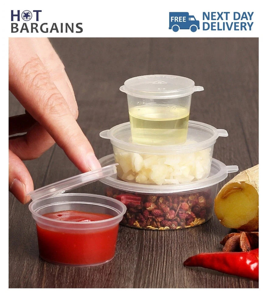 100 x 1oz and 100 x 2oz Disposable Sauce Pots with Hinged Lids Food Containers - Image 1 of 4