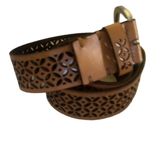 Old Navy Laser Cut Belt Brown Leather Women Floral Perforated  M /L Large Buckle