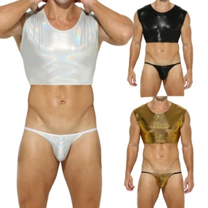 Sexy Conjunto de Ropa Interior Para Hombre Gay Metálico Brillante Club Chalecos Cortos Prendas para el torso Cortas + Calzoncillos - Imagen 1 de 17