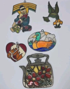 Suncatcher Lot 5 VINTAGE LEADED Stained Glass , Duck, Bird, Horse, Clown, TeaPot - Picture 1 of 3