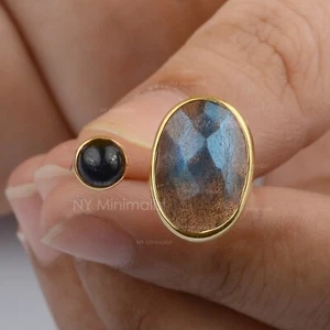 Oval Labradorite & Round Iolite Gemstone 14K Solid Yellow Gold Open Cuff Ring - Picture 1 of 7