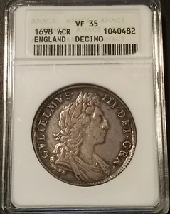 1698 ENGLAND, GREAT BRITAIN 1/2 Half Crown Coin Old ANACS MINI Slab VF35 Antique - Picture 1 of 2