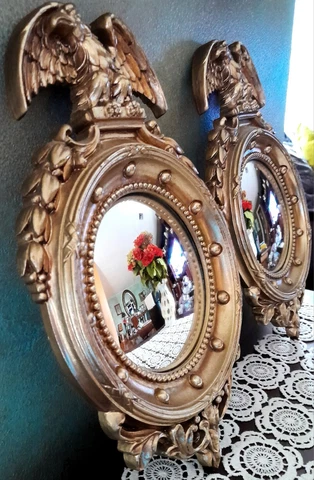 Mid Century SyrocoWood Eagle Wall Bubble Mirrors Porthole Convex Ornate Set of 2 Cover