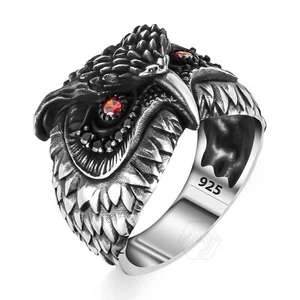 925 Sterling Silver Black Micro Stone Owl Figure Men's Ring - Picture 1 of 3