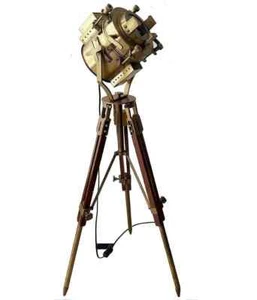 Spotlight Wooden Tripod Stand Vintage Brass Searchlight Floor Lamp - Picture 1 of 4