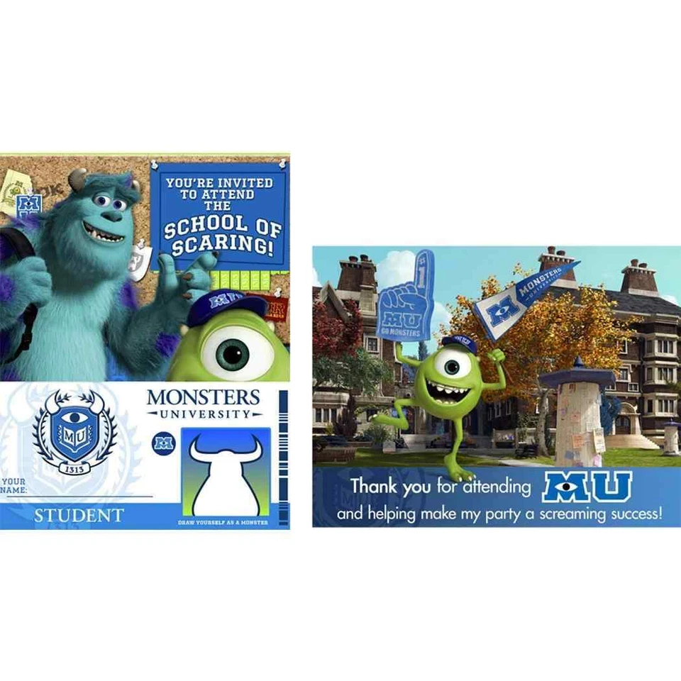 Monsters University Disney Pixar Birthday Party Invitations & Thank You Notes - Image 1 of 1