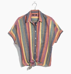 Madewell Short Sleeve Tie-Front Shirt in Rainbow Stripe Size XS Linen/Cotton