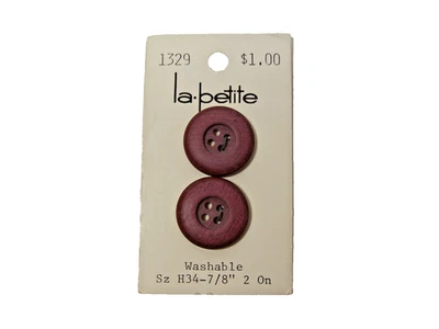 Vintage La Petite Burgundy Wood Buttons x 2 Pieces 4-hole Button Card 7/8" B56 - Image 1 of 4