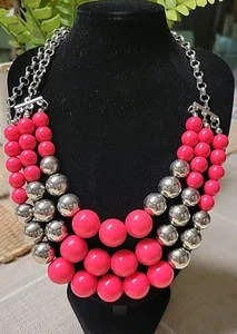 Collar Vintage Caliente Tono Rosa y Plata Doble Steand Graduado Cuentas. - Imagen 1 de 6