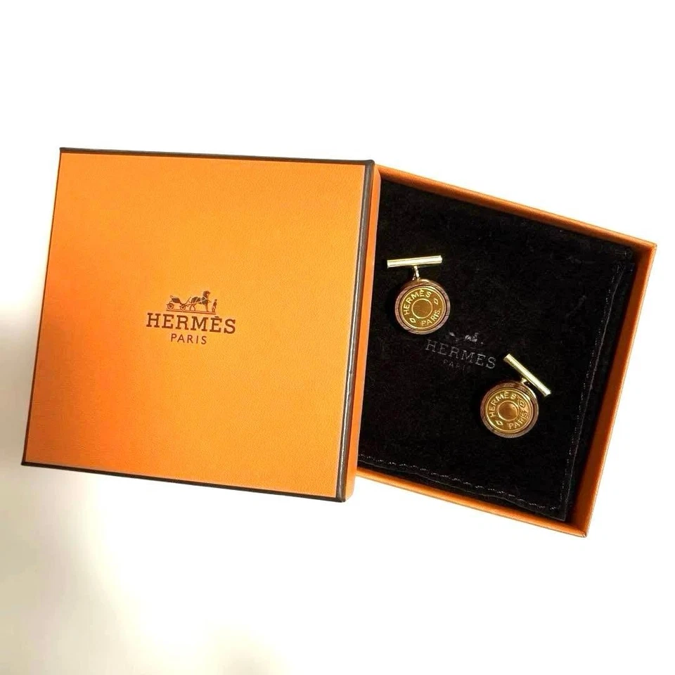 HERMES Gemelos Redondos Cadena Dorada Botón Madera Metal Serie Con Caja Foto 1 de 4