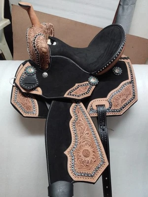 Barrel Racing Horse Saddle Trail Tooled Carved Leather Equestrian Western 15". - Image 1 of 4